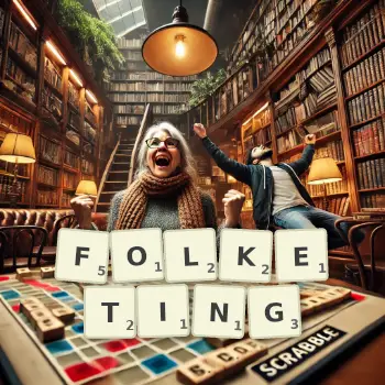 Kreative Illustration für ein Scrabble-Spiel, bei dem das Wort FOLKETING mit Steinen auf dem Brett gelegt wurde.