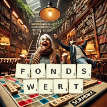 Kreative Illustration für ein Scrabble-Spiel, bei dem das Wort FONDSWERT mit Steinen auf dem Brett gelegt wurde.