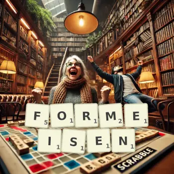 Kreative Illustration für ein Scrabble-Spiel, bei dem das Wort FORMEISEN mit Steinen auf dem Brett gelegt wurde.