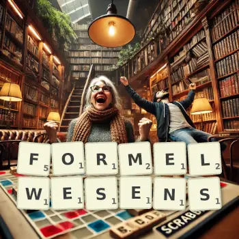 Kreative Illustration für ein Scrabble-Spiel, bei dem das Wort FORMELWESENS mit Steinen auf dem Brett gelegt wurde.