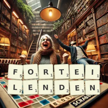 Kreative Illustration für ein Scrabble-Spiel, bei dem das Wort FORTEILENDEN mit Steinen auf dem Brett gelegt wurde.