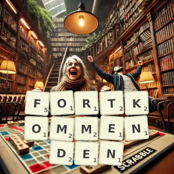 Kreative Illustration für ein Scrabble-Spiel, bei dem das Wort FORTKOMMENDEN mit Steinen auf dem Brett gelegt wurde.
