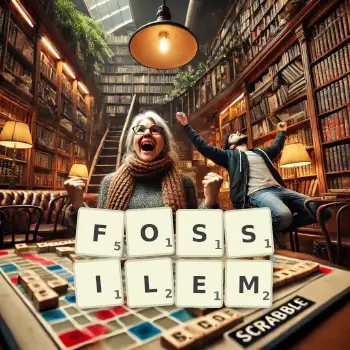 Kreative Illustration für ein Scrabble-Spiel, bei dem das Wort FOSSILEM mit Steinen auf dem Brett gelegt wurde.