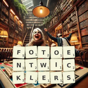 Kreative Illustration für ein Scrabble-Spiel, bei dem das Wort FOTOENTWICKLERS mit Steinen auf dem Brett gelegt wurde.