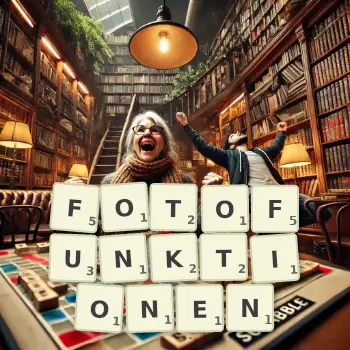 Kreative Illustration für ein Scrabble-Spiel, bei dem das Wort FOTOFUNKTIONEN mit Steinen auf dem Brett gelegt wurde.