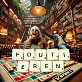 Kreative Illustration für ein Scrabble-Spiel, bei dem das Wort FOUTIEREN mit Steinen auf dem Brett gelegt wurde.
