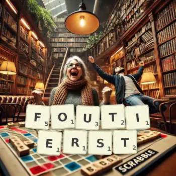 Kreative Illustration für ein Scrabble-Spiel, bei dem das Wort FOUTIERST mit Steinen auf dem Brett gelegt wurde.