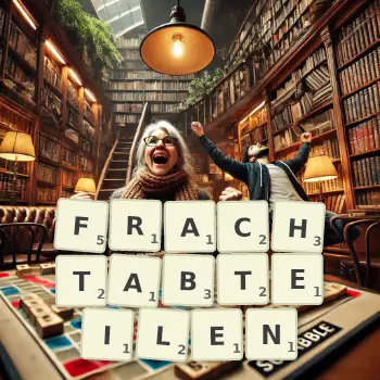 Kreative Illustration für ein Scrabble-Spiel, bei dem das Wort FRACHTABTEILEN mit Steinen auf dem Brett gelegt wurde.