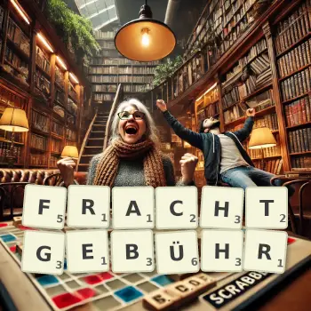 Kreative Illustration für ein Scrabble-Spiel, bei dem das Wort FRACHTGEBÜHR mit Steinen auf dem Brett gelegt wurde.