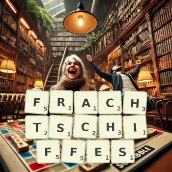 Kreative Illustration für ein Scrabble-Spiel, bei dem das Wort FRACHTSCHIFFES mit Steinen auf dem Brett gelegt wurde.
