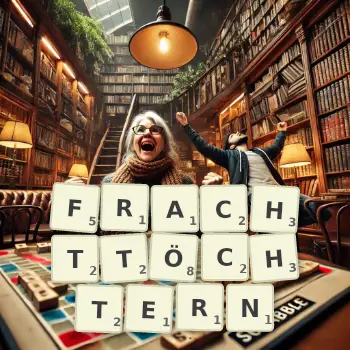 Kreative Illustration für ein Scrabble-Spiel, bei dem das Wort FRACHTTÖCHTERN mit Steinen auf dem Brett gelegt wurde.