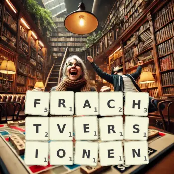 Kreative Illustration für ein Scrabble-Spiel, bei dem das Wort FRACHTVERSIONEN mit Steinen auf dem Brett gelegt wurde.