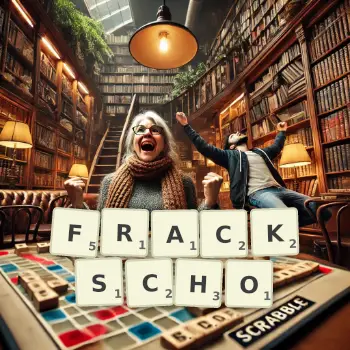 Kreative Illustration für ein Scrabble-Spiel, bei dem das Wort FRACKSCHO mit Steinen auf dem Brett gelegt wurde.