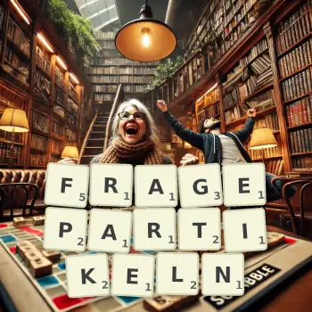 Kreative Illustration für ein Scrabble-Spiel, bei dem das Wort FRAGEPARTIKELN mit Steinen auf dem Brett gelegt wurde.