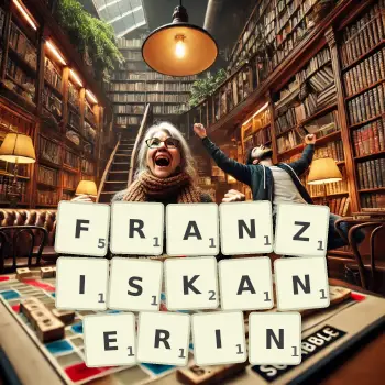 Kreative Illustration für ein Scrabble-Spiel, bei dem das Wort FRANZISKANERIN mit Steinen auf dem Brett gelegt wurde.