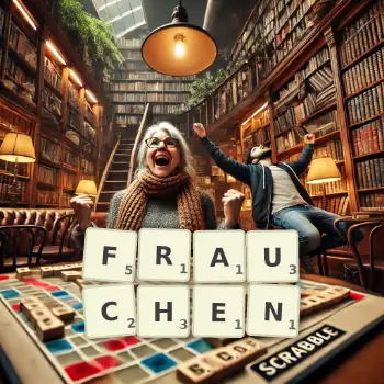 Kreative Illustration für ein Scrabble-Spiel, bei dem das Wort FRAUCHEN mit Steinen auf dem Brett gelegt wurde.