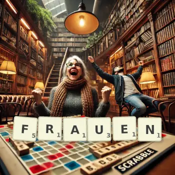 Kreative Illustration für ein Scrabble-Spiel, bei dem das Wort FRAUEN mit Steinen auf dem Brett gelegt wurde.