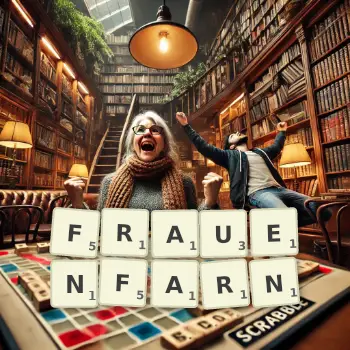 Kreative Illustration für ein Scrabble-Spiel, bei dem das Wort FRAUENFARN mit Steinen auf dem Brett gelegt wurde.