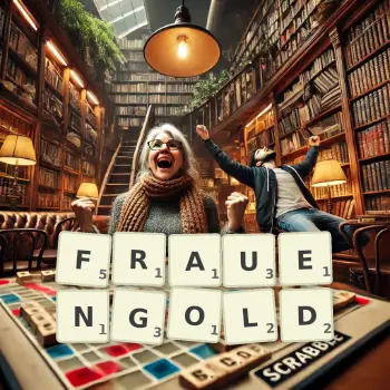 Kreative Illustration für ein Scrabble-Spiel, bei dem das Wort FRAUENGOLD mit Steinen auf dem Brett gelegt wurde.