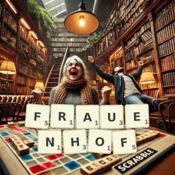 Kreative Illustration für ein Scrabble-Spiel, bei dem das Wort FRAUENHOF mit Steinen auf dem Brett gelegt wurde.