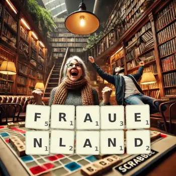 Kreative Illustration für ein Scrabble-Spiel, bei dem das Wort FRAUENLAND mit Steinen auf dem Brett gelegt wurde.