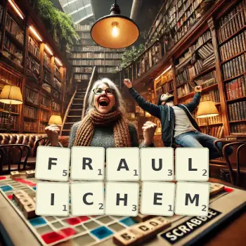 Kreative Illustration für ein Scrabble-Spiel, bei dem das Wort FRAULICHEM mit Steinen auf dem Brett gelegt wurde.