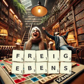 Kreative Illustration für ein Scrabble-Spiel, bei dem das Wort FREIGEBENS mit Steinen auf dem Brett gelegt wurde.