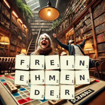Kreative Illustration für ein Scrabble-Spiel, bei dem das Wort FREINEHMENDER mit Steinen auf dem Brett gelegt wurde.