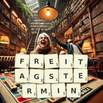Kreative Illustration für ein Scrabble-Spiel, bei dem das Wort FREITAGSTERMIN mit Steinen auf dem Brett gelegt wurde.
