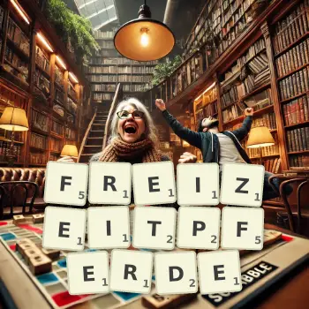 Kreative Illustration für ein Scrabble-Spiel, bei dem das Wort FREIZEITPFERDE mit Steinen auf dem Brett gelegt wurde.