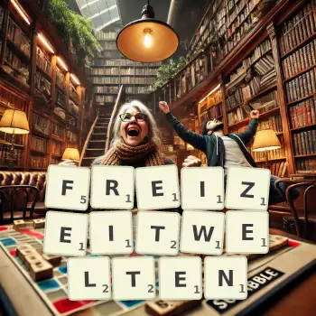 Kreative Illustration für ein Scrabble-Spiel, bei dem das Wort FREIZEITWELTEN mit Steinen auf dem Brett gelegt wurde.