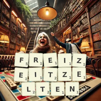 Kreative Illustration für ein Scrabble-Spiel, bei dem das Wort FREIZEITZELTEN mit Steinen auf dem Brett gelegt wurde.