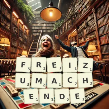 Kreative Illustration für ein Scrabble-Spiel, bei dem das Wort FREIZUMACHENDE mit Steinen auf dem Brett gelegt wurde.
