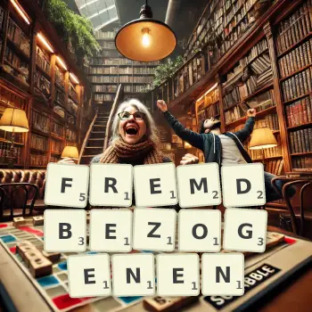 Kreative Illustration für ein Scrabble-Spiel, bei dem das Wort FREMDBEZOGENEN mit Steinen auf dem Brett gelegt wurde.