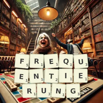 Kreative Illustration für ein Scrabble-Spiel, bei dem das Wort FREQUENTIERUNG mit Steinen auf dem Brett gelegt wurde.