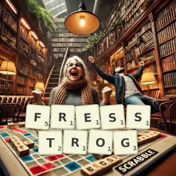 Kreative Illustration für ein Scrabble-Spiel, bei dem das Wort FRESSTROG mit Steinen auf dem Brett gelegt wurde.
