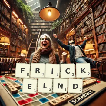 Kreative Illustration für ein Scrabble-Spiel, bei dem das Wort FRICKELND mit Steinen auf dem Brett gelegt wurde.