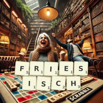 Kreative Illustration für ein Scrabble-Spiel, bei dem das Wort FRIESISCH mit Steinen auf dem Brett gelegt wurde.