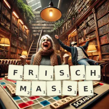 Kreative Illustration für ein Scrabble-Spiel, bei dem das Wort FRISCHMASSE mit Steinen auf dem Brett gelegt wurde.