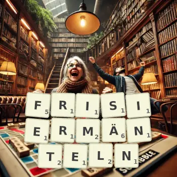 Kreative Illustration für ein Scrabble-Spiel, bei dem das Wort FRISIERMÄNTELN mit Steinen auf dem Brett gelegt wurde.