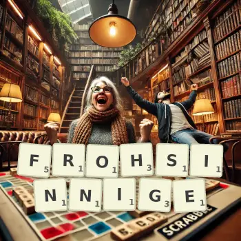 Kreative Illustration für ein Scrabble-Spiel, bei dem das Wort FROHSINNIGE mit Steinen auf dem Brett gelegt wurde.
