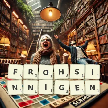 Kreative Illustration für ein Scrabble-Spiel, bei dem das Wort FROHSINNIGEN mit Steinen auf dem Brett gelegt wurde.