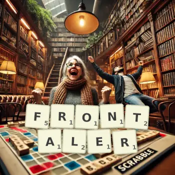 Kreative Illustration für ein Scrabble-Spiel, bei dem das Wort FRONTALER mit Steinen auf dem Brett gelegt wurde.