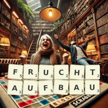 Kreative Illustration für ein Scrabble-Spiel, bei dem das Wort FRUCHTAUFBAU mit Steinen auf dem Brett gelegt wurde.