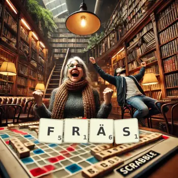 Kreative Illustration für ein Scrabble-Spiel, bei dem das Wort FRÄS mit Steinen auf dem Brett gelegt wurde.