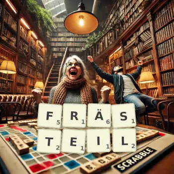 Kreative Illustration für ein Scrabble-Spiel, bei dem das Wort FRÄSTEIL mit Steinen auf dem Brett gelegt wurde.
