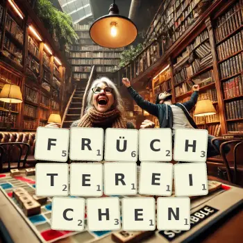 Kreative Illustration für ein Scrabble-Spiel, bei dem das Wort FRÜCHTEREICHEN mit Steinen auf dem Brett gelegt wurde.