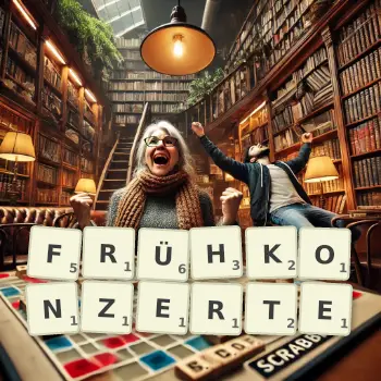 Kreative Illustration für ein Scrabble-Spiel, bei dem das Wort FRÜHKONZERTE mit Steinen auf dem Brett gelegt wurde.