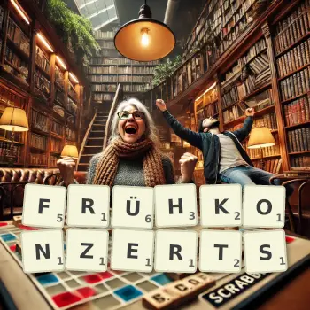 Kreative Illustration für ein Scrabble-Spiel, bei dem das Wort FRÜHKONZERTS mit Steinen auf dem Brett gelegt wurde.