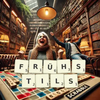 Kreative Illustration für ein Scrabble-Spiel, bei dem das Wort FRÜHSTILS mit Steinen auf dem Brett gelegt wurde.
